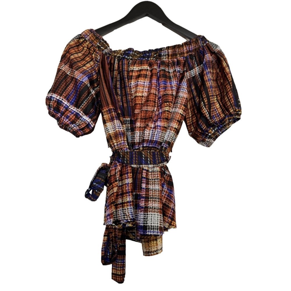 EUC Women's Cato Blouse Top Size L Brown Blue Plaid - Picture 5 of 7